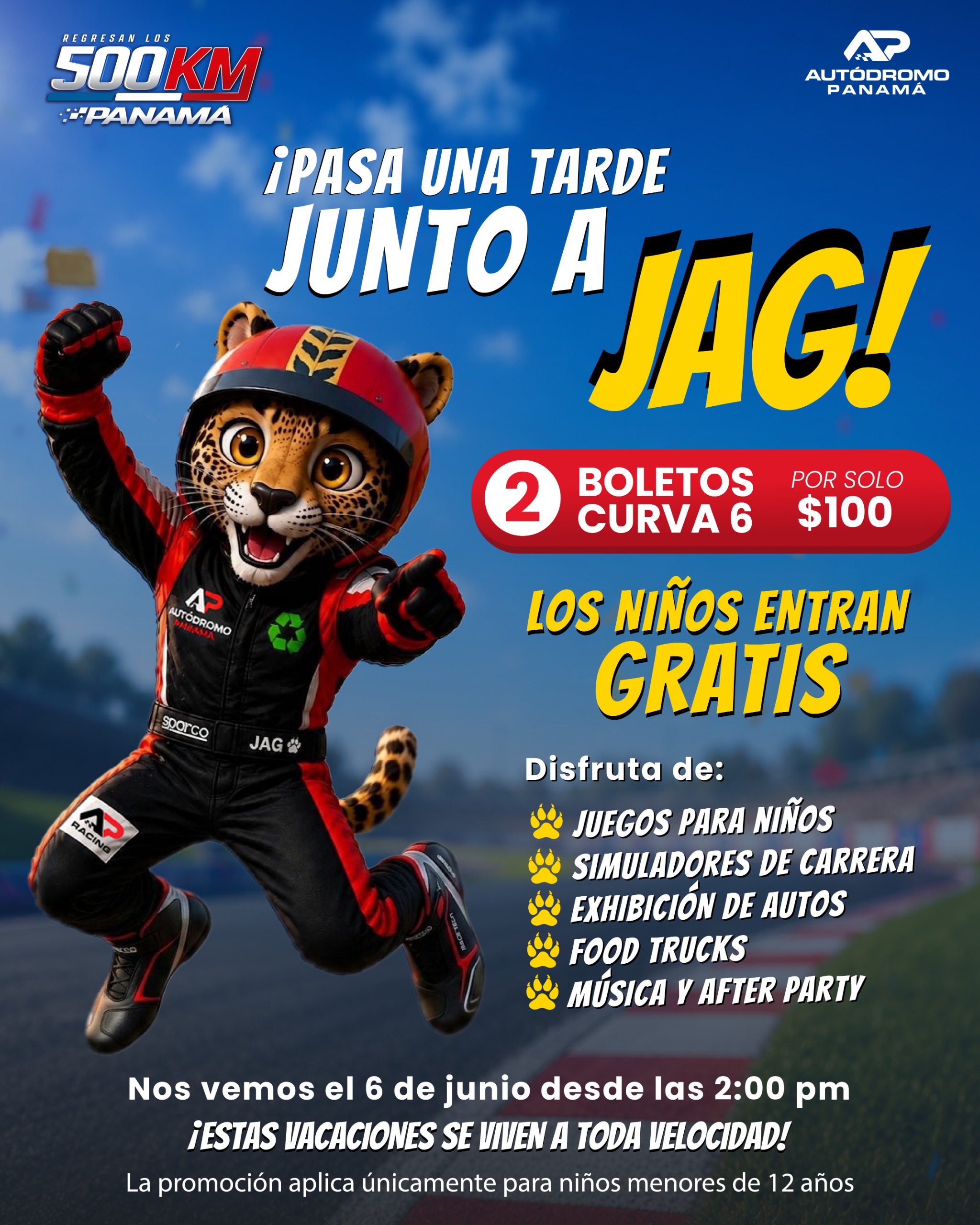 PAQUETE DE 2 BOLETOS DE CURVA 6 + FULL ATRACCIONES PARA NIÑOS + LOS NIÑOS ENTRAN GRATIS | 500 KM PANAMÁ | SÁBADO 6 DE JUNIO 2026