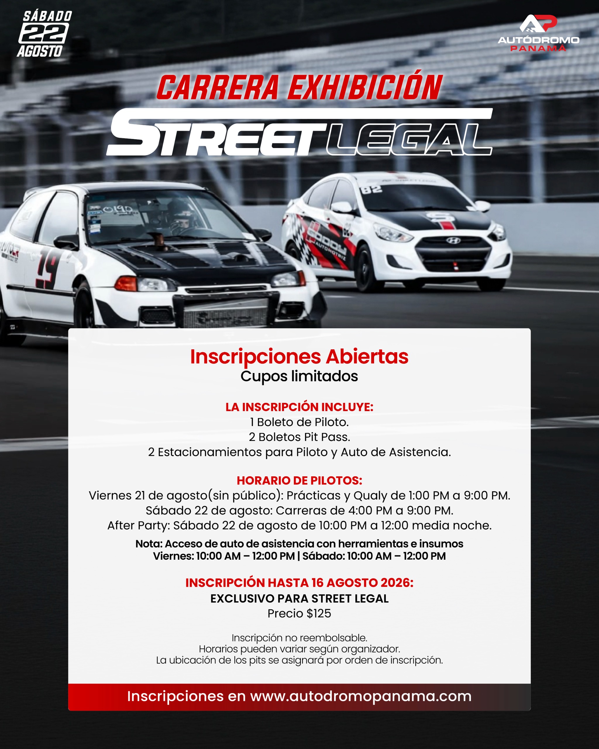 INSCRIPCIÓN | CARRERA DE EXHIBICIÓN STREET LEGAL  | SÁBADO 22 DE AGOSTO 2026